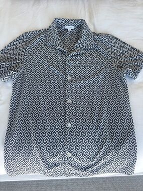 Reiss Blue & White Geometric Terry Short Sleeve Button-Up Shirt